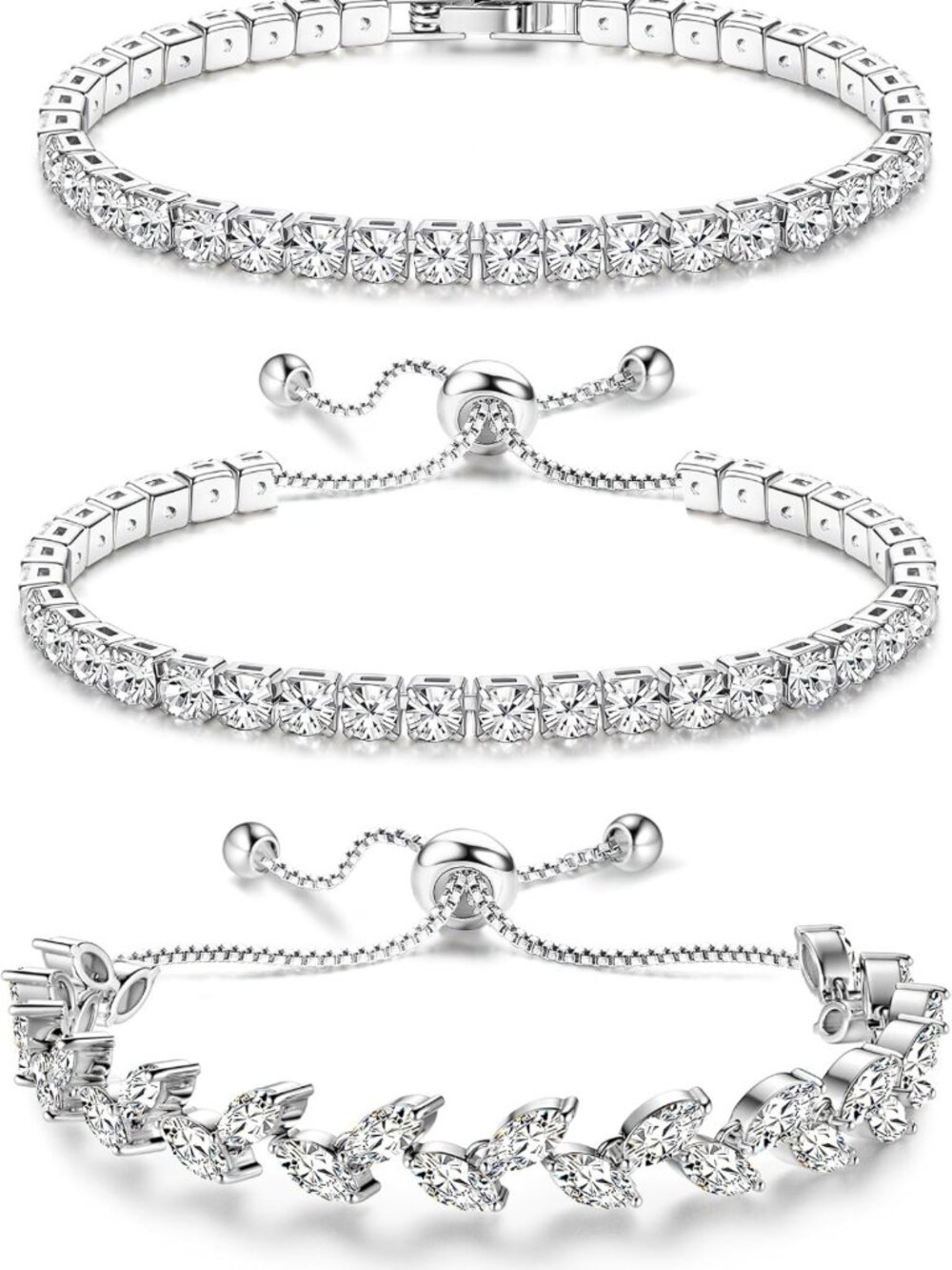 Elegant Silver Tennis Bracelets Set - 3Pcs Diamond-Look Jewelry for Women